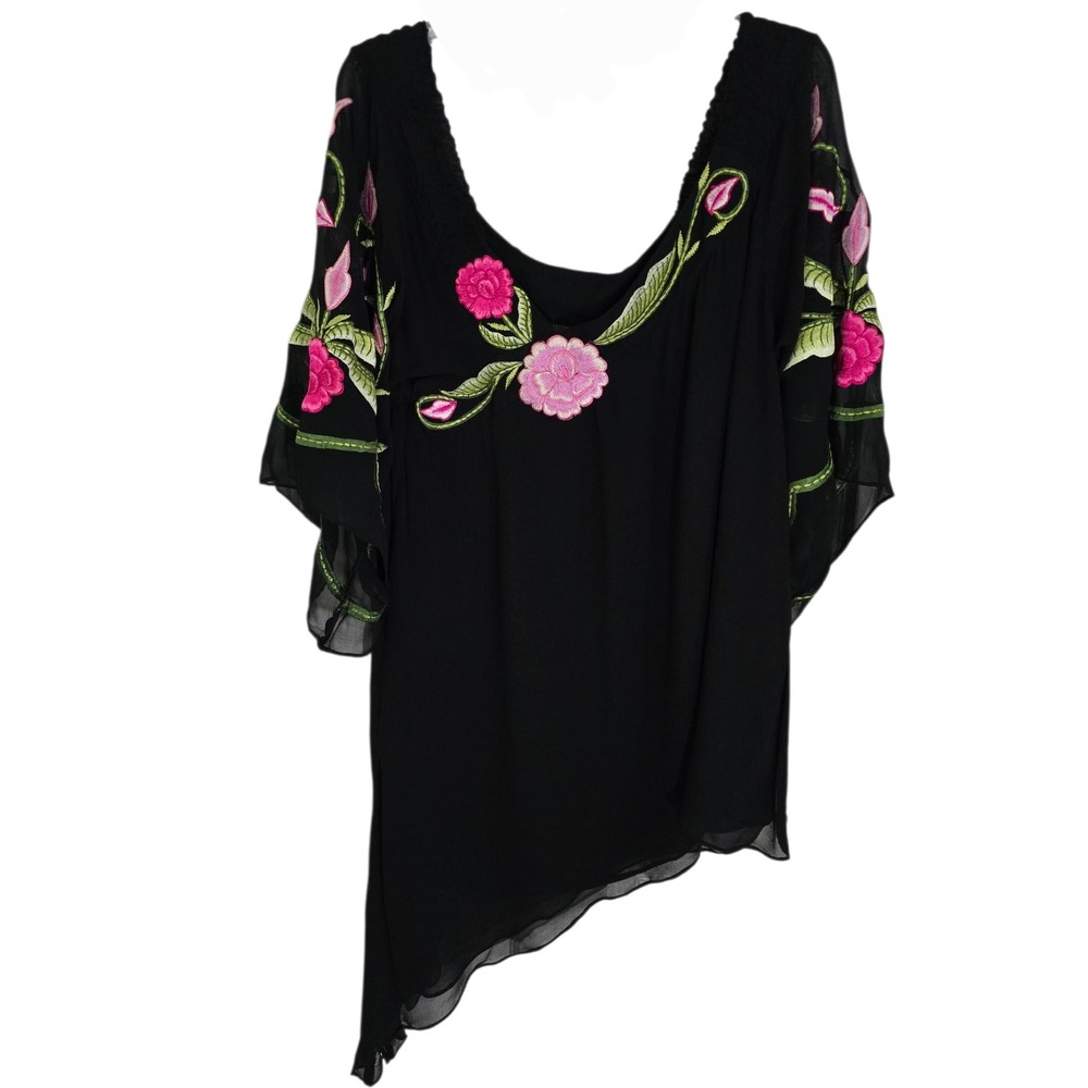 Vintage Collection Black Floral Embroidered Viscose Bell Sleeve Blouse Medium